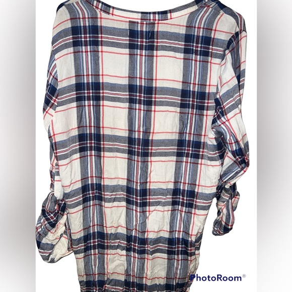 Kenneth Cole Reaction plaid striped button down sz Md blue red and white flannel - Picture 2 of 3